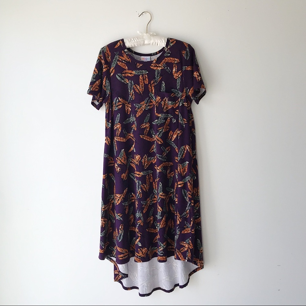 Lularoe purple plum, green, marigold yellow leaf print floral  Carly dre…